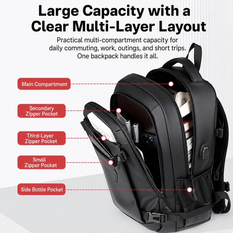 Black laptop backpack with layered front compartments and side bottle pocket