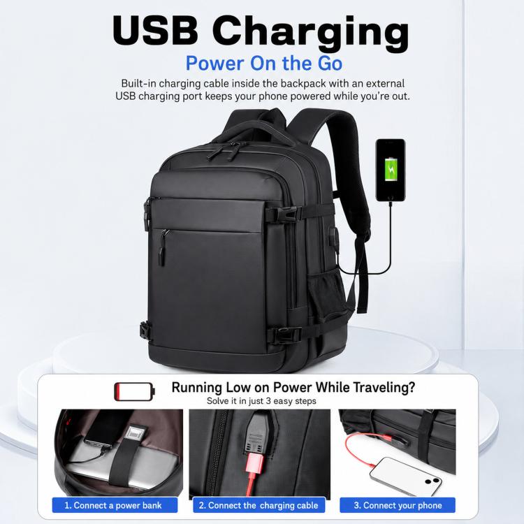 Black laptop backpack with built-in USB charging port and front organizer pockets
