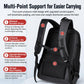 Black backpack with widened shoulder straps, padded back panel, and chest buckle