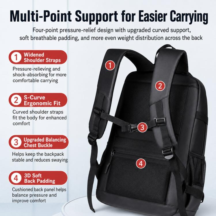 Black backpack with widened shoulder straps, padded back panel, and chest buckle