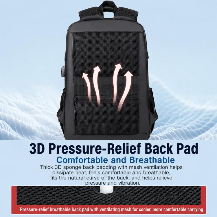 Black laptop backpack with 3D pressure-relief back pad and ventilated mesh cushioning