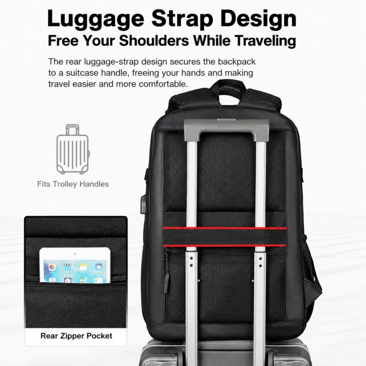 Black laptop travel backpack with rear luggage strap and top carry handle