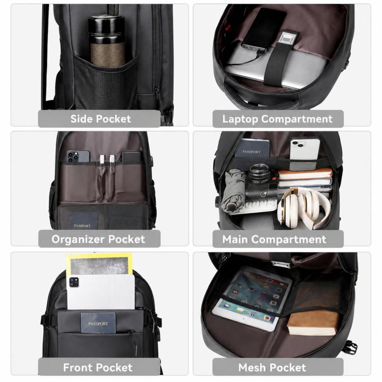 Black travel backpack interior with multiple pockets and laptop compartment