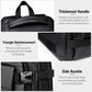 Black travel backpack with thickened handle, reinforced corners, side buckle