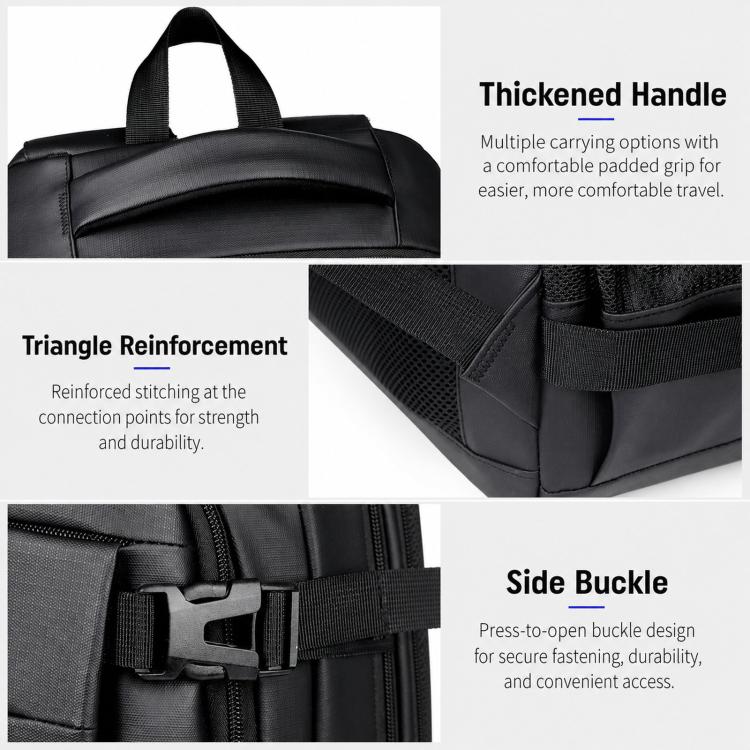 Black travel backpack with thickened handle, reinforced corners, side buckle