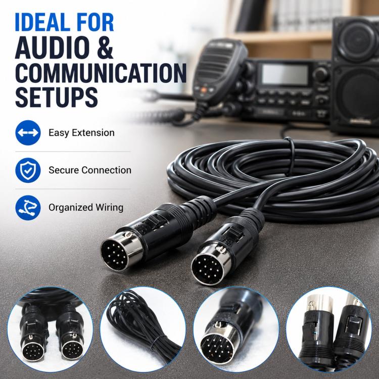 13-pin speaker extension cable with flexible black cord and two male plugs