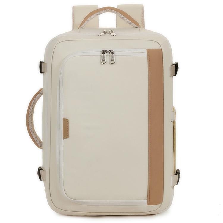 Beige travel business backpack with top handle, front zipper, and adjustable side straps