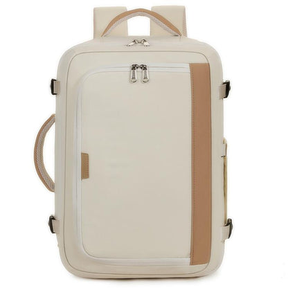 Beige travel business backpack with top handle, front zipper, and adjustable side straps