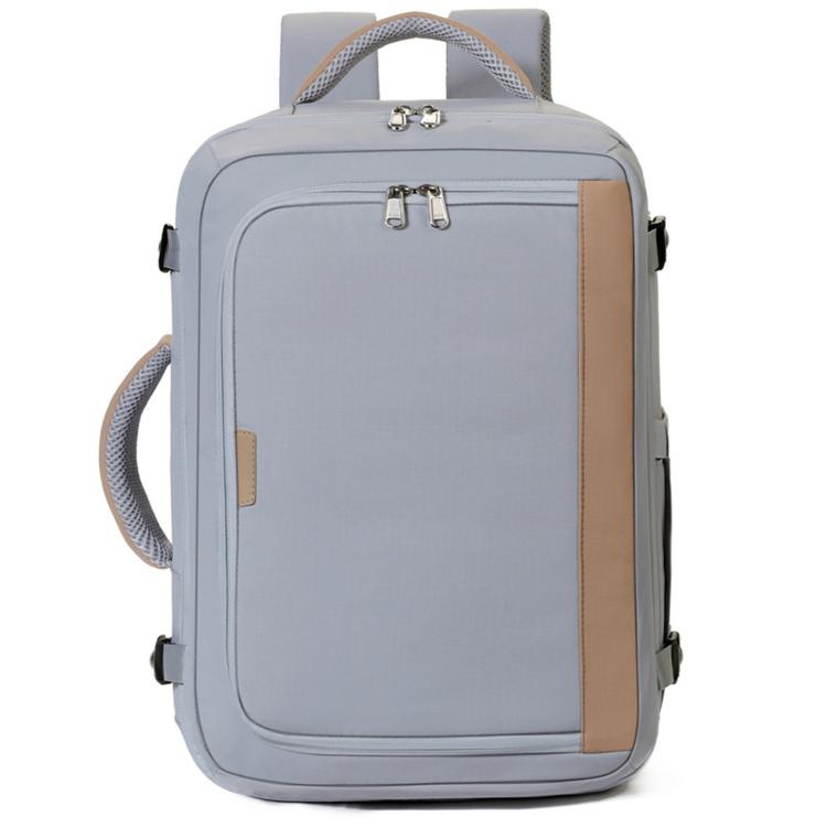 Gray travel business backpack with top handle, front zipper panel, and side grab straps