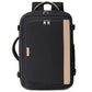 Black travel business backpack with top handle, front zipper panel, and side carry straps