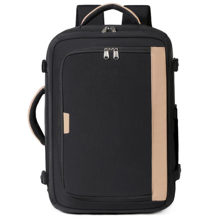 Black travel business backpack with top handle, front zipper panel, and side carry straps