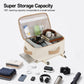 Beige travel backpack opened to show multiple compartments and organizer pockets