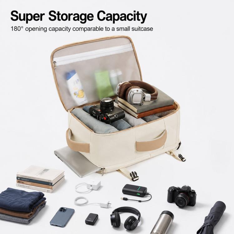 Beige travel backpack opened to show multiple compartments and organizer pockets