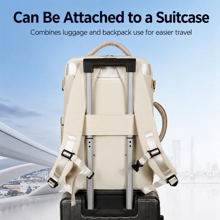 Beige backpack with suitcase-style luggage strap and dual front shoulder straps