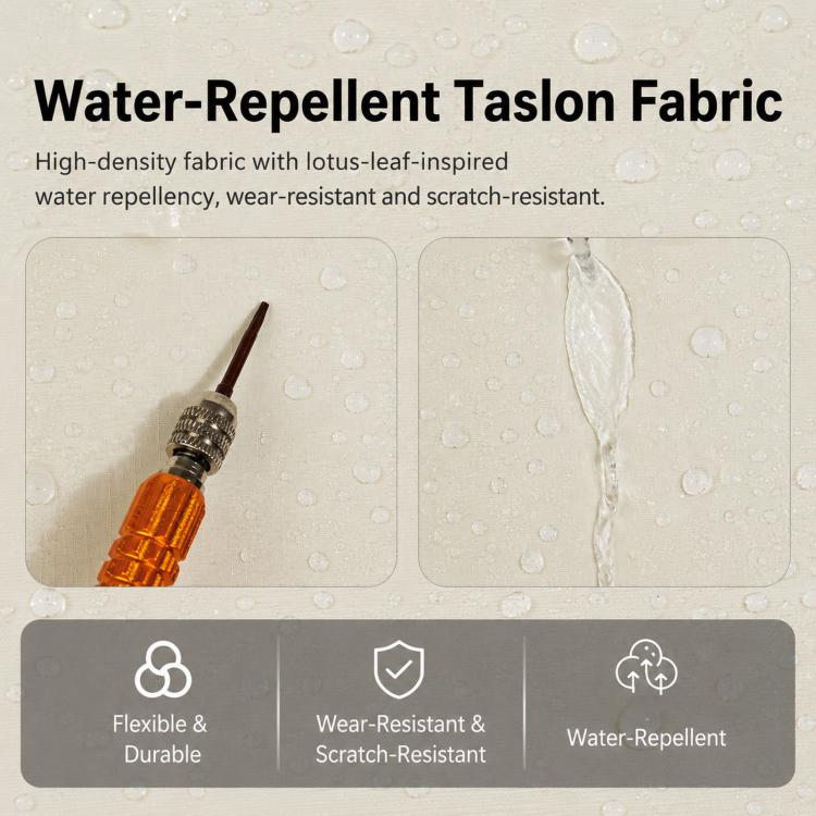 Water-repellent Tason fabric panel with water droplets; scratch-resistant coating