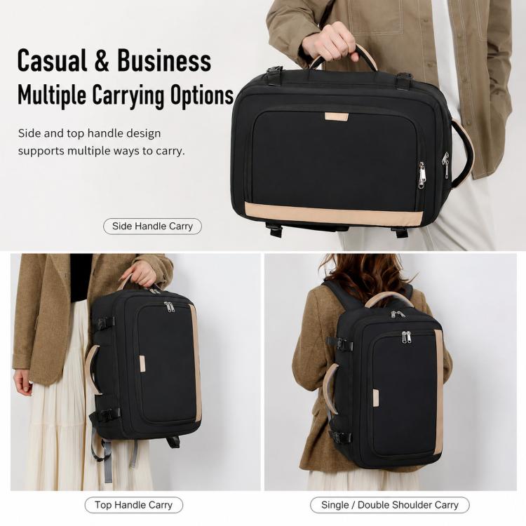 Black travel backpack with side carry handle, top handle, and adjustable shoulder straps