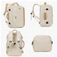 Beige backpack shown in multiple angles with luggage strap and front pocket
