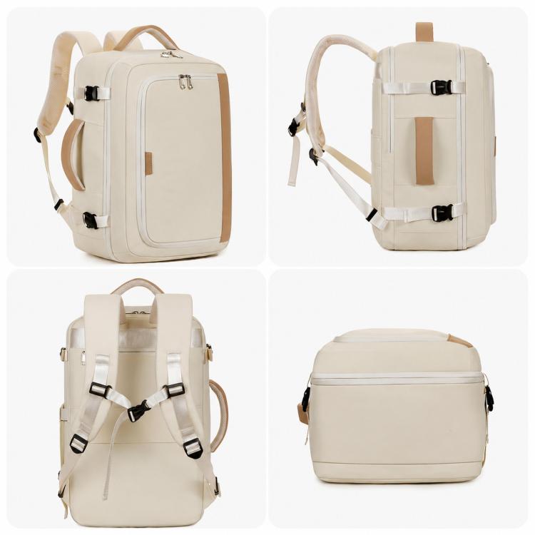 Beige backpack shown in multiple angles with luggage strap and front pocket