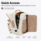 Beige travel backpack opened, showing main compartment and side zip pocket layout