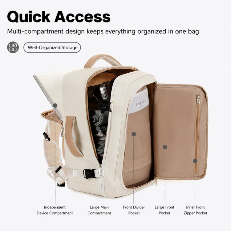Beige travel backpack opened, showing main compartment and side zip pocket layout