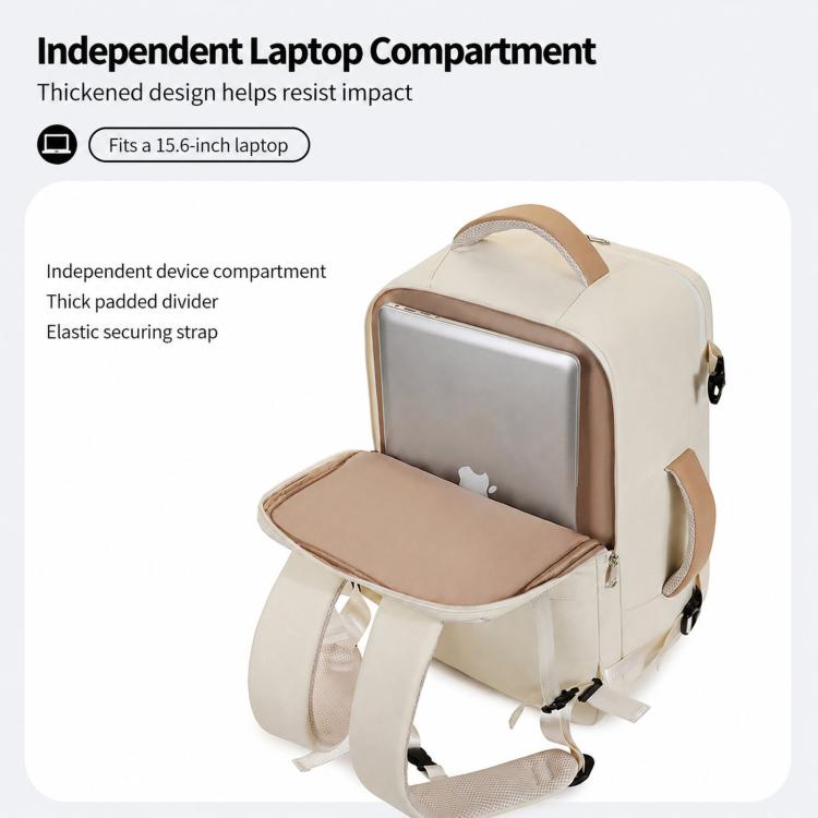 Beige backpack with dedicated padded laptop compartment and adjustable internal securing strap