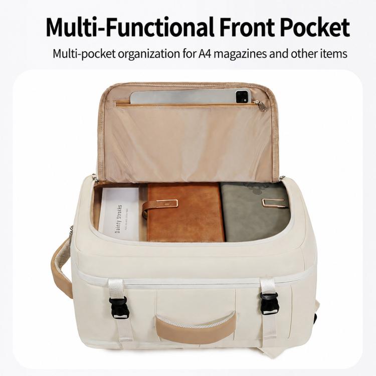Beige backpack with open front organizer pocket for small items and documents