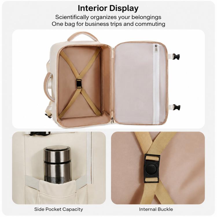 Beige backpack opened to show interior dividers, internal strap buckle, and side pocket