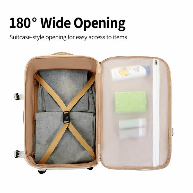 Beige backpack wide-opening design with left padded laptop sleeve and right document pocket