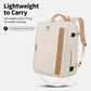 Beige travel business backpack with top handle, front pockets, and luggage strap
