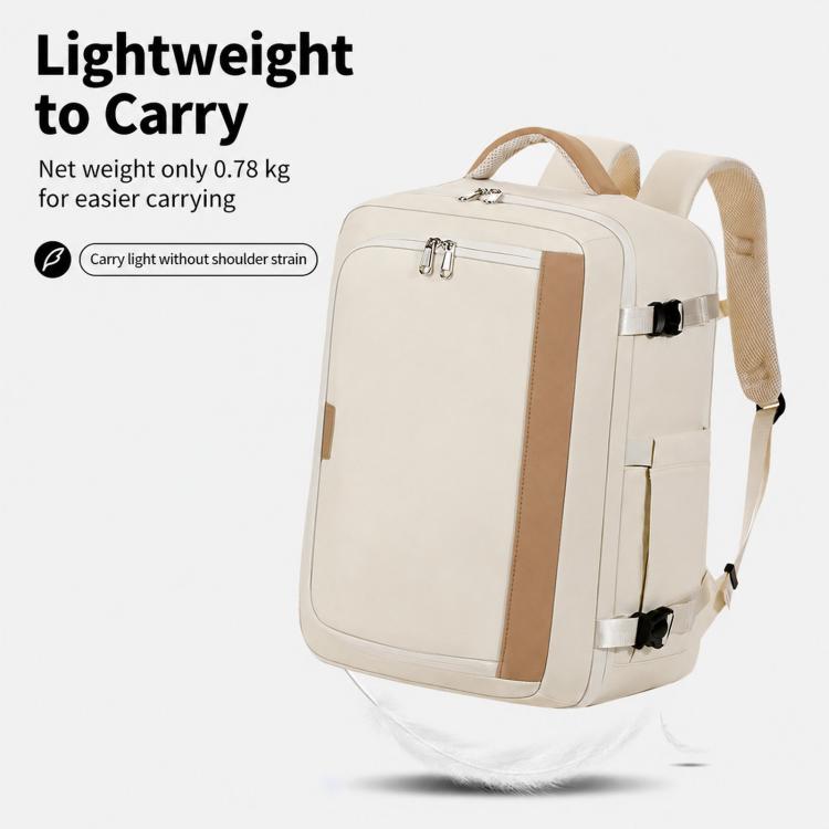 Beige travel business backpack with top handle, front pockets, and luggage strap