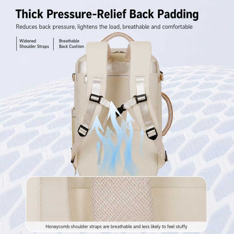Beige backpack with padded back panel and adjustable shoulder straps