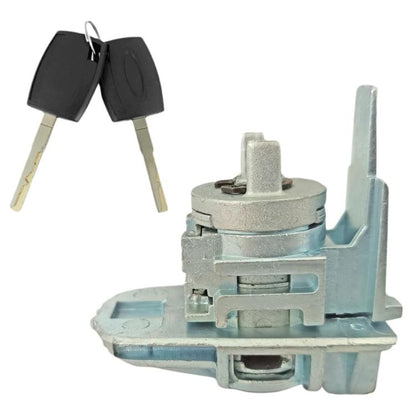 Left door lock cylinder with key and metal housing, blue-gray plastic base