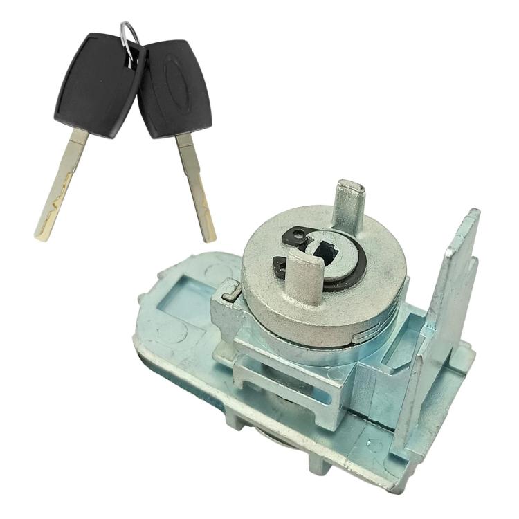Left door lock cylinder with key, round metal core and blue-gray mounting plate
