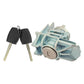 Left door lock cylinder with key, silver lock barrel and blue-gray bracket