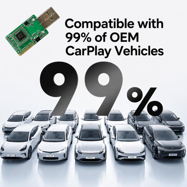 Wireless CarPlay adapter PCB module shown compatible with OEM cars