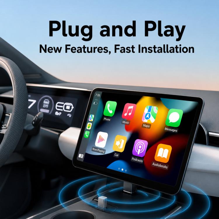 Car infotainment touchscreen displaying apps with wireless CarPlay adapter