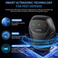 Ultrasonic pest repeller plug-in with glowing ultrasonic wave effect, black device and icons