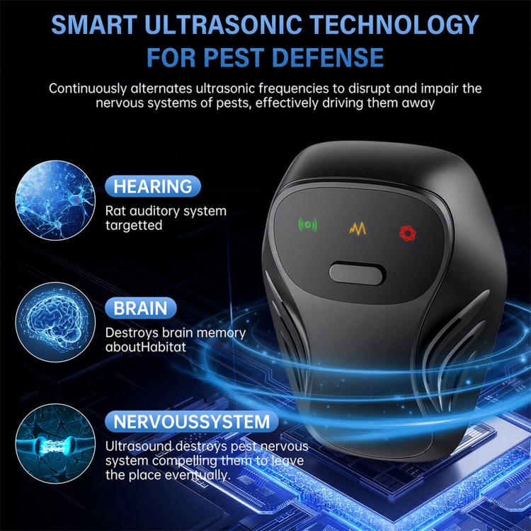 Ultrasonic pest repeller plug-in with glowing ultrasonic wave effect, black device and icons