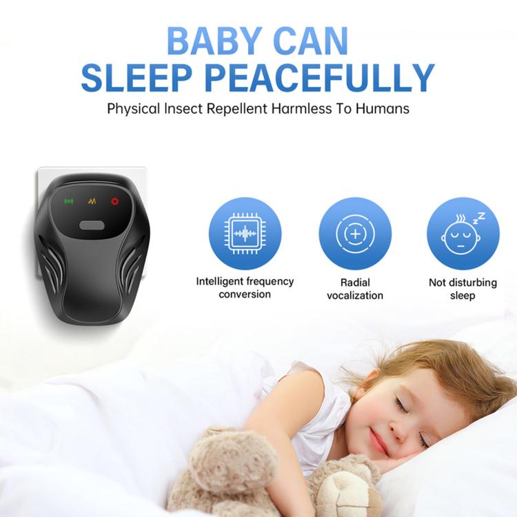 Ultrasonic pest repeller plug-in, black device with illuminated status icons