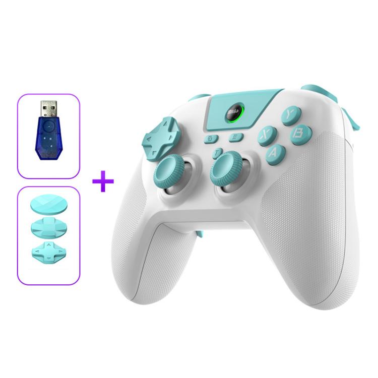 Wireless game controller, white with teal buttons and carbon-texture thumbsticks