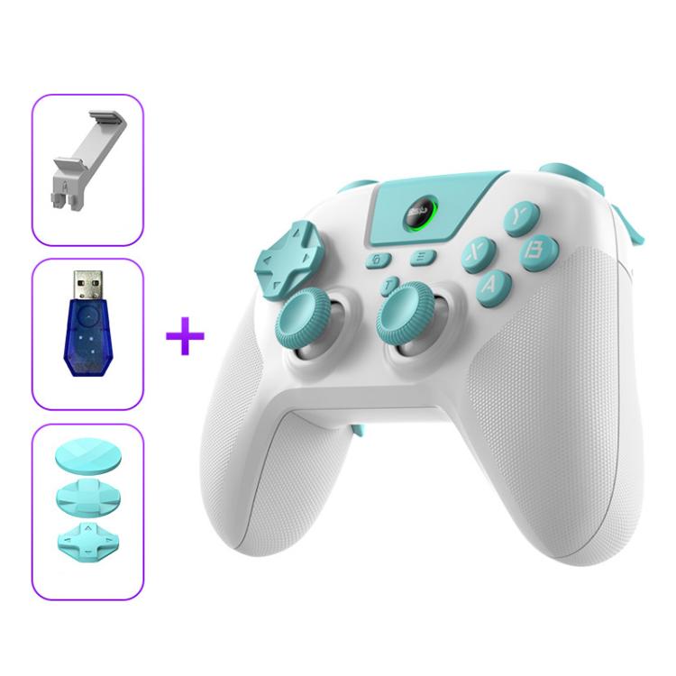 Wireless game controller, white with teal buttons and carbon-texture thumbsticks