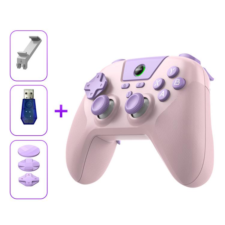Purple tri-mode game controller with analog sticks, face buttons, and included stand/receiver