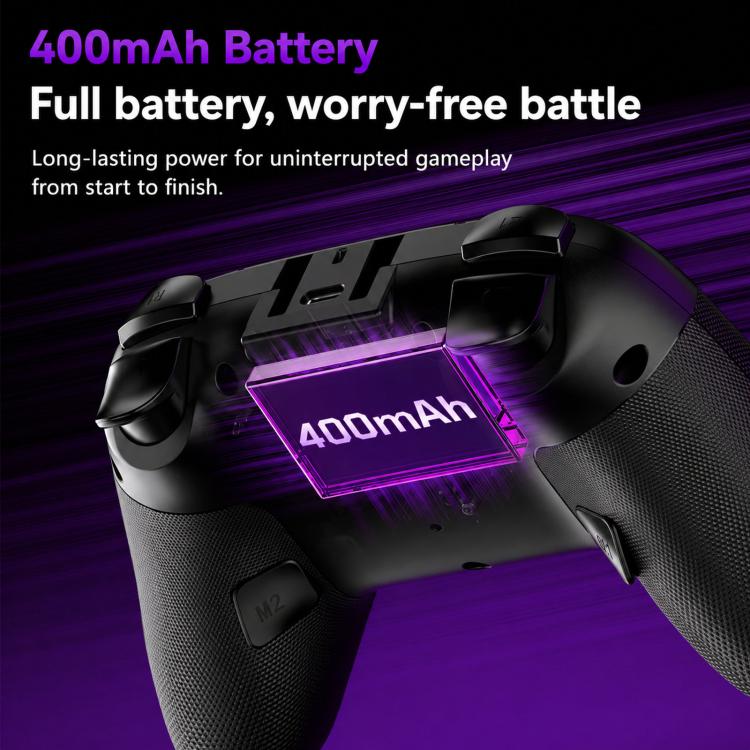 Black tri-mode game controller showing 400mAh battery module and rear grip with purple glow