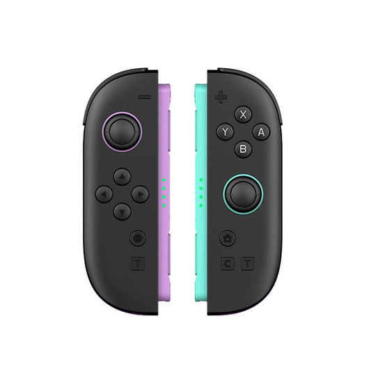 Black wireless game controller with purple/teal side rails and ringed thumbstick