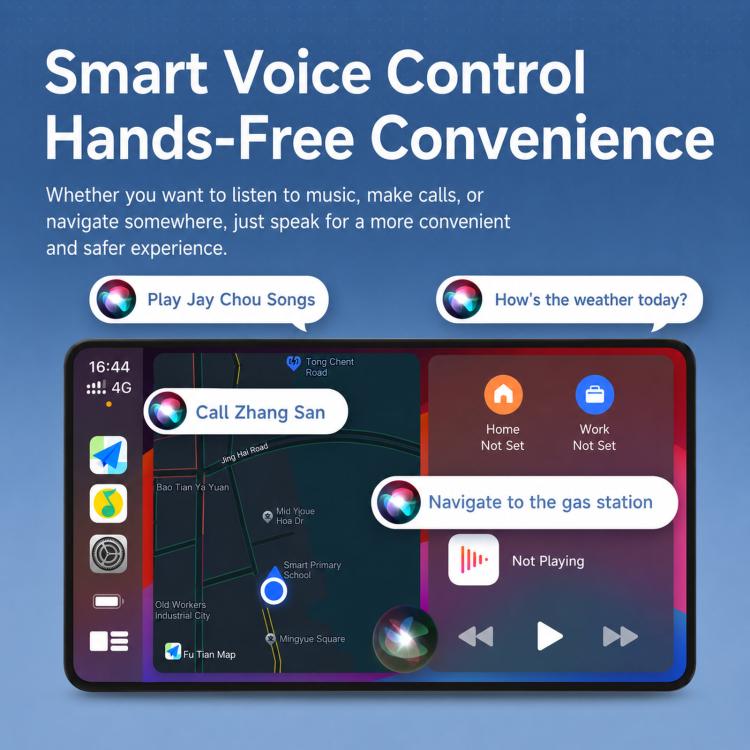 Wireless CarPlay adapter screen with smart voice control prompts and call buttons