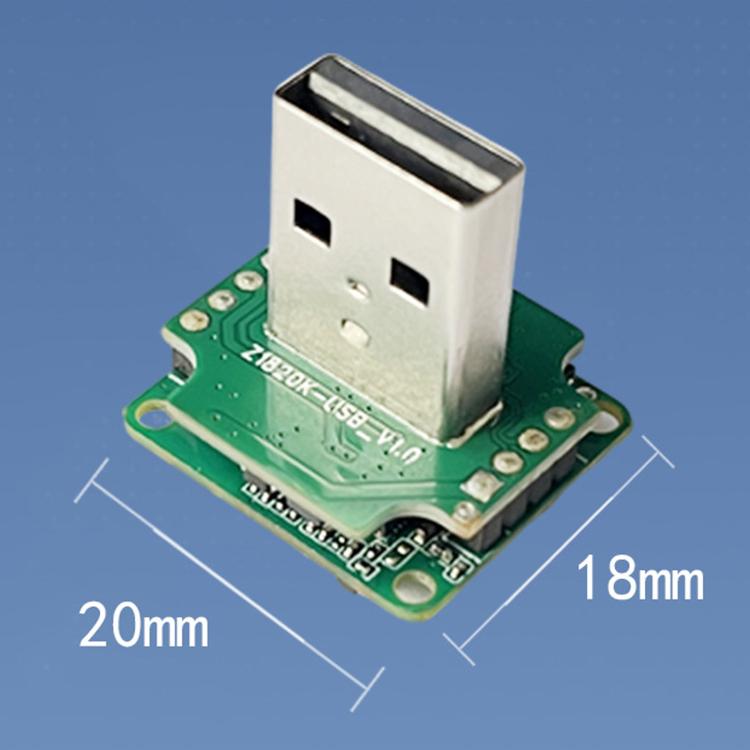 Wireless CarPlay adapter PCB with USB connector, 20mm x 18mm dimensions shown