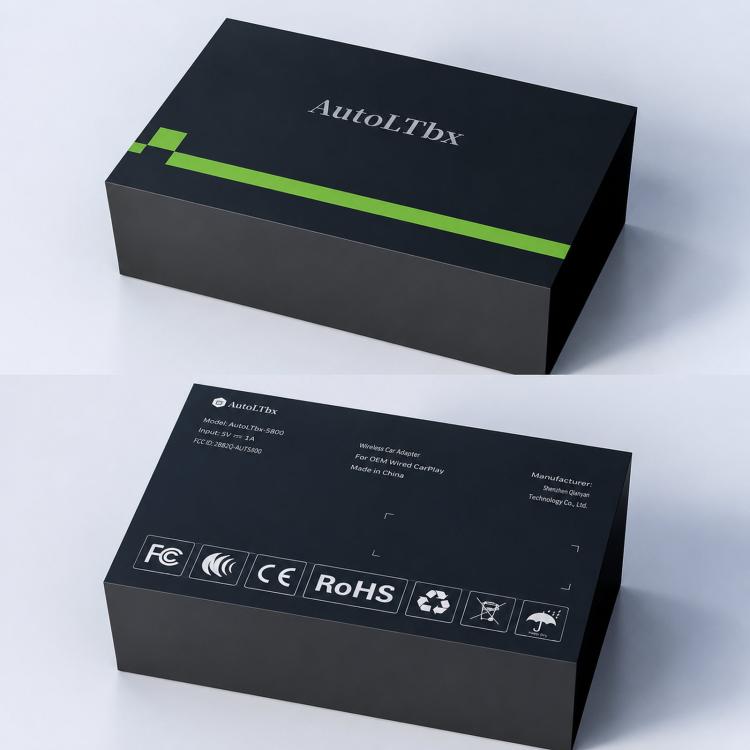AutotLbx wireless CarPlay adapter packaging box with product label
