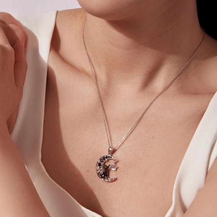 Moon Cat Brass-Plated White Gold Necklace, YIN136