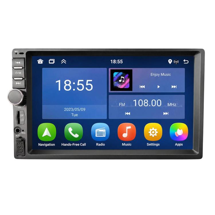 7-inch in-dash car stereo touchscreen with navigation, radio, and app icons