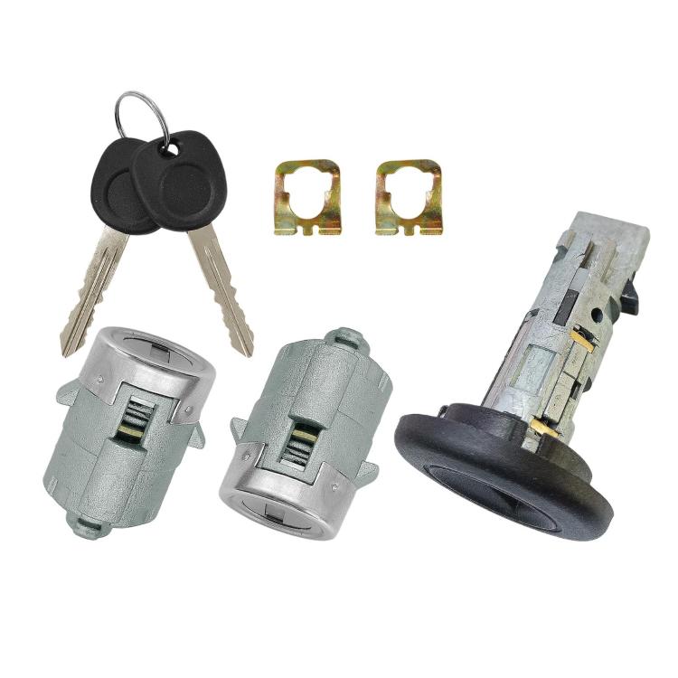 Door lock cylinder set with two keys, two metal cylinders, black latch, mounting brackets